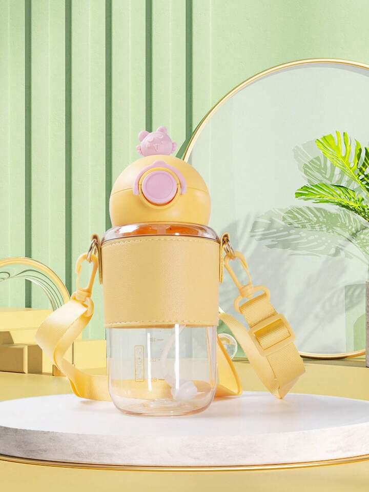 Children's Cute Water Bottle Kawaii Plastic Cup with Lid, Bear Cartoon Portable Student School Water Bottle Straw Water Cup